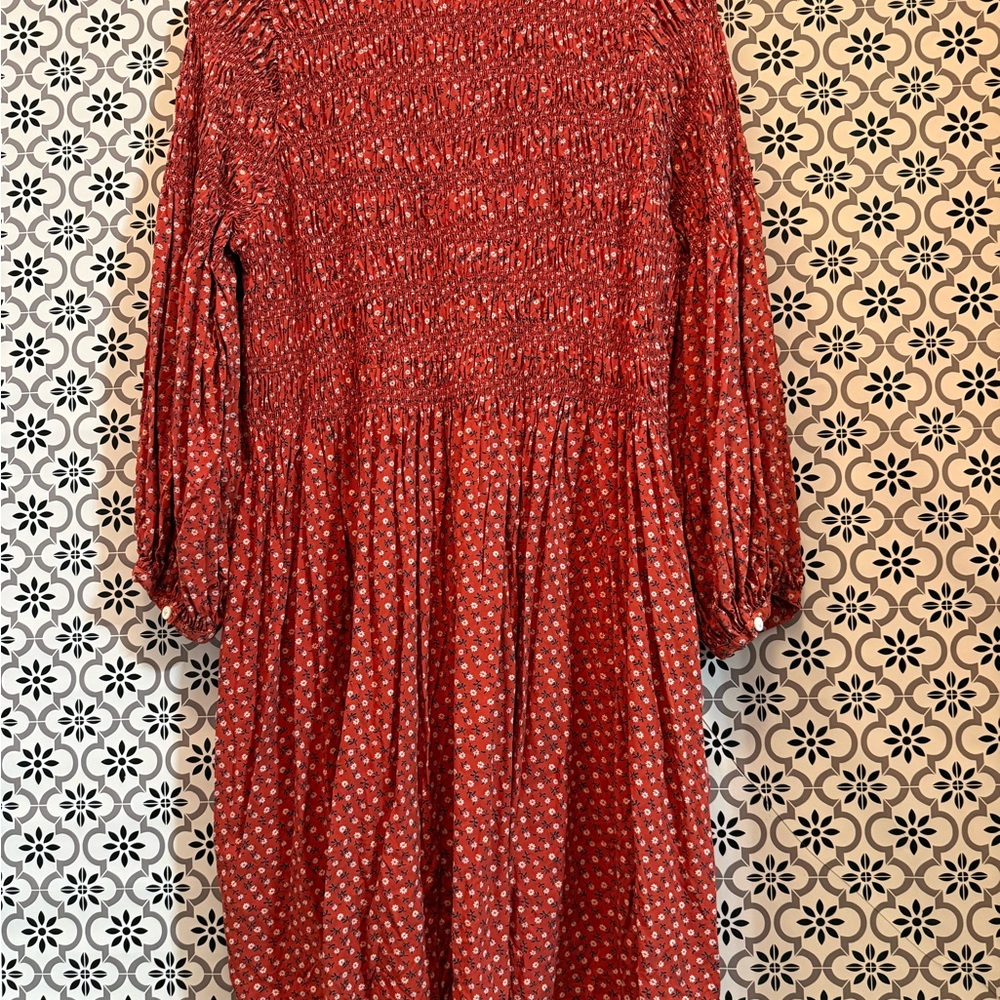 Madewell Red Smocked Long Sleeve Dress - Picture 5 of 8